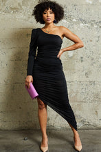 Load image into Gallery viewer, One-Shoulder Puff-Sleeve Shimmer Dress in Black
