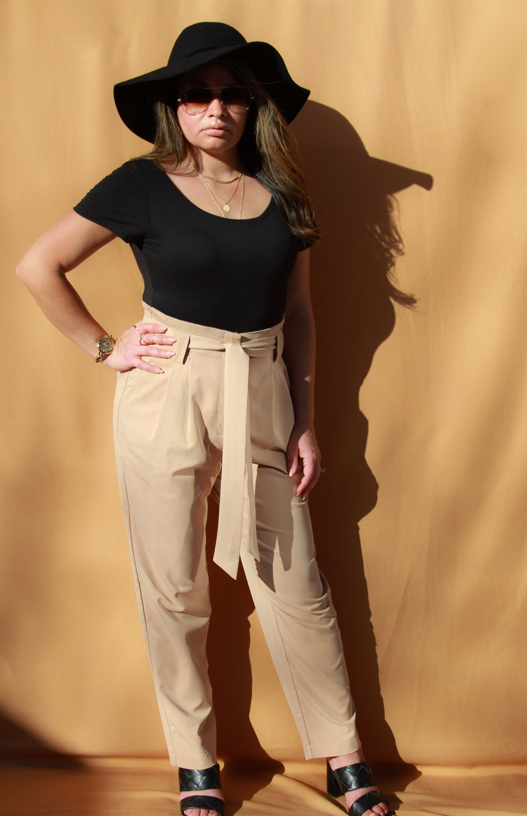 Paperbag Waist Belted Pants - Camel