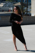 Load image into Gallery viewer, One-Shoulder Puff-Sleeve Shimmer Dress in Black

