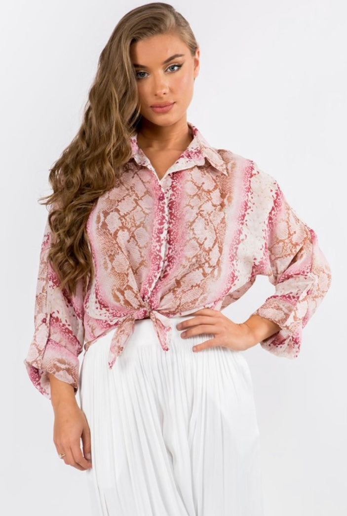 Pink Snake Print Button Down Shirt