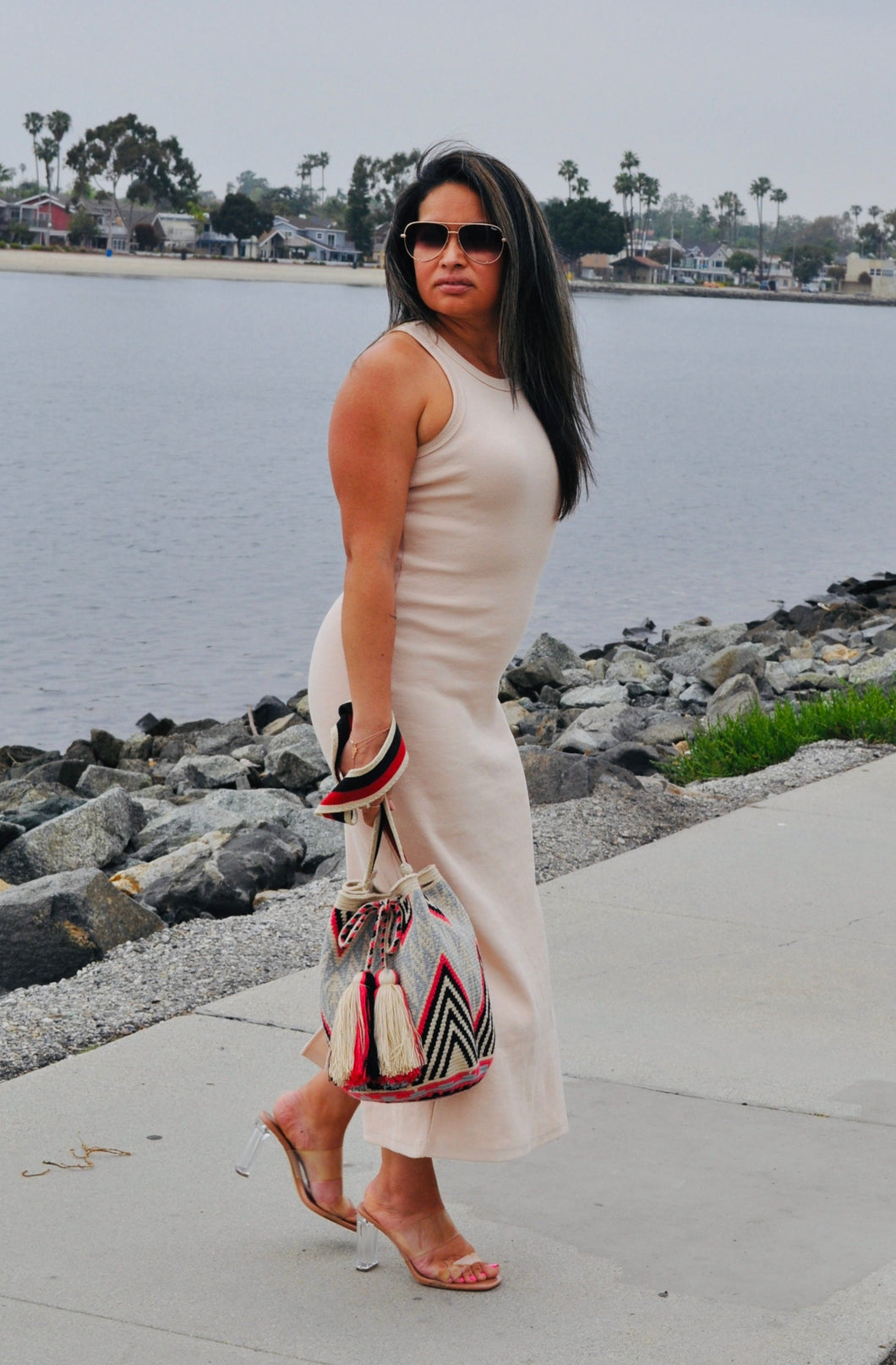 Beige Bodycon Ribbed Midi Dress