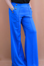 Load image into Gallery viewer, High Waist Bronze Vintage Buttoned Palazzo Trousers in Royal Blue
