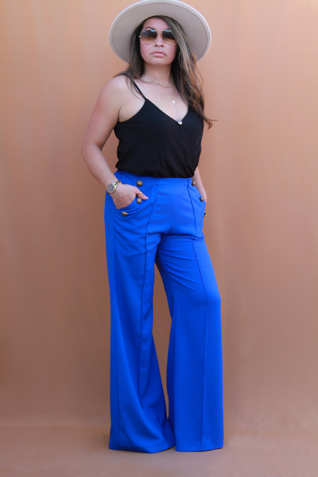 High Waist Bronze Vintage Buttoned Palazzo Trousers in Royal Blue