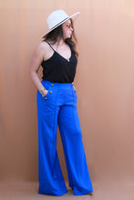 Load image into Gallery viewer, High Waist Bronze Vintage Buttoned Palazzo Trousers in Royal Blue
