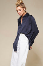 Load image into Gallery viewer, Navy Long Sleeve Satin Shirt
